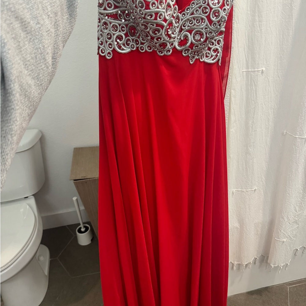 Red Prom Dress with Silver Embellishments